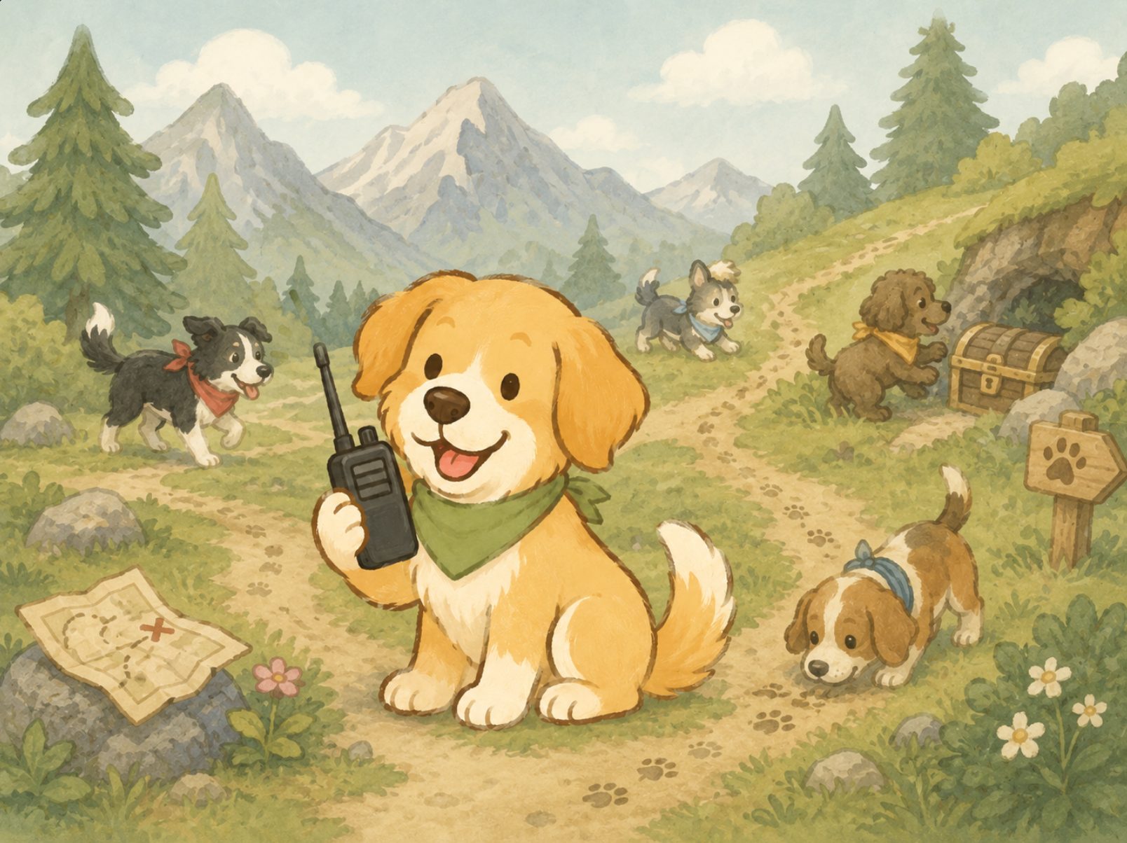 山道で受信機を片手に宝探しをする愛犬たちのイラスト